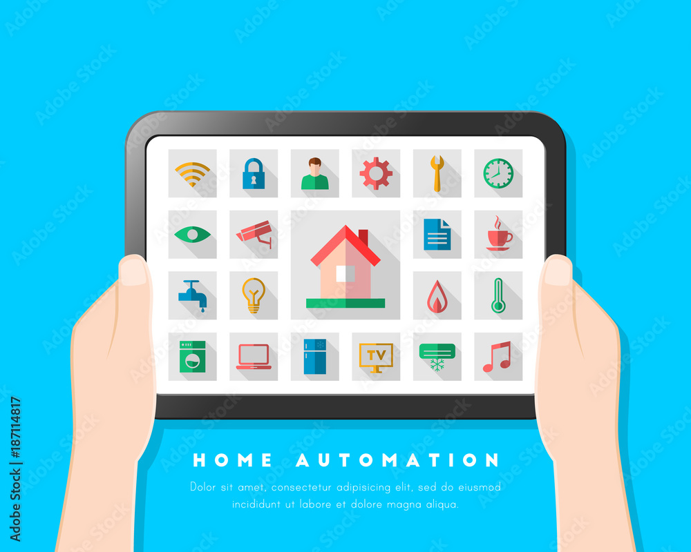 Poster home automation concept with user interface and icon set. hand holding tablet in flat design.