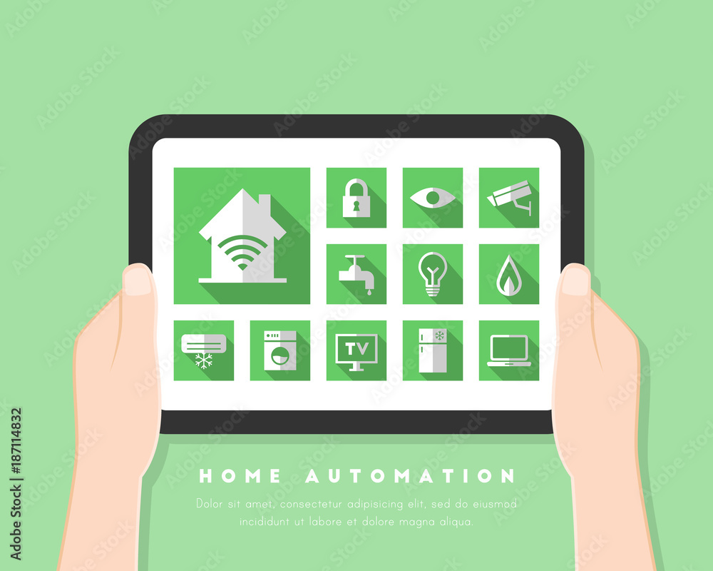 Poster smart home concept with control system display and apps. hand holding tablet in flat design.