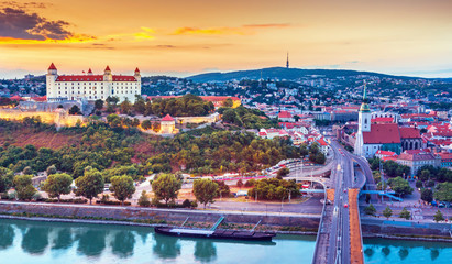 View on Bratislava castle,old town and Saint Martins cathedral over the river Danube in Bratislava city, Slovakia