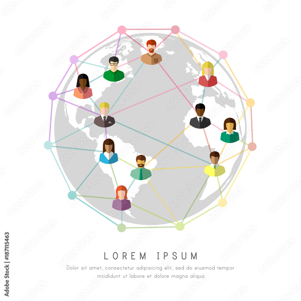 Aufkleber multiracial people connecting to each other around the globe. lines and dots as network and technolo