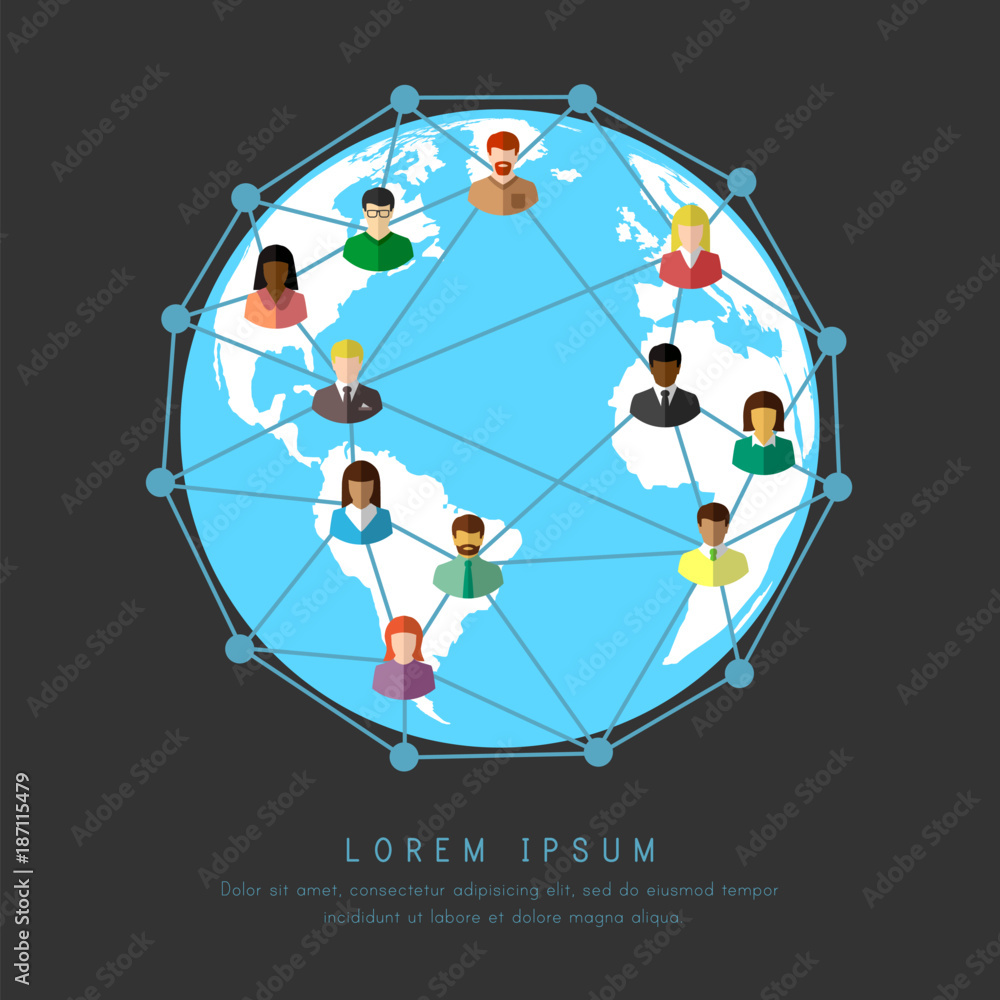 Poster internet and network as world wide connection and communication concept. multiethnic people around t