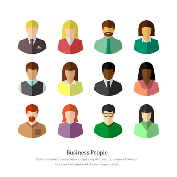 Diverse business people in flat design. Isolated icon set on white background.