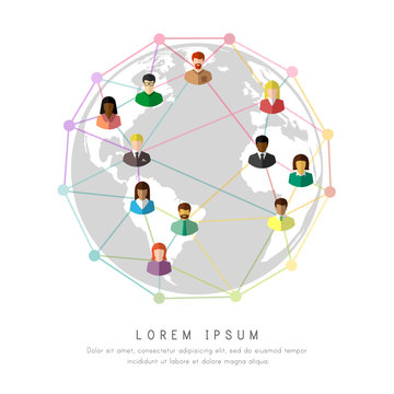 Multiracial People Connecting To Each Other Around The Globe. Lines And Dots As Network And Technology Concept.