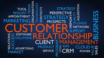 Customer relationship management (CRM) word tag cloud. 3D rendering, blue variant.