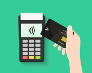 Hand paying with contactless and wireless card in flat design. POS terminal and transaction with NFC technology.  - obrazy, fototapety, plakaty