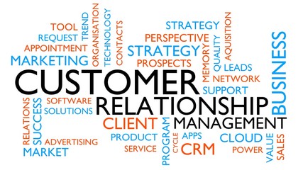 Customer relationship management (CRM) word tag cloud. 3D rendering, white variant.