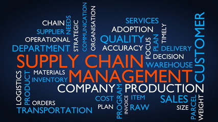 Supply chain management word tag cloud. 3D rendering, blue variant.
