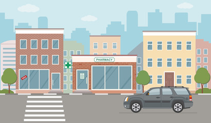 City life illustration with house facades, road and other urban details. Flat style, vector.
