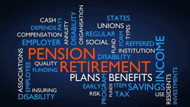 Pension, retirement word tag cloud. 3D rendering, blue variant.