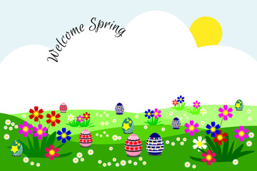 Easter eggs in the wild flower field. picture in "Hello and welcome spring concept". Beautiful landscape of green grass and tiny flower in the nature. Illustration of Easter- related time. 