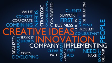 Creative idea, innovation word tag cloud. 3D rendering, blue variant.