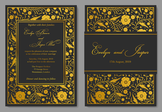 Wedding Invitation, floral invite card Design with golden foil border. Ornate gold poppy flowers on a black noble background