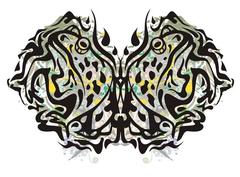 Grunge butterfly formed by toads. Tribal fantastic butterfly created in marsh shades of color with decorative elements
