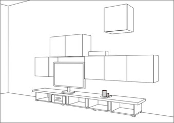 3D vector sketch. TV stand and entertainment center with appliances and decors. Modern living room interior. Modern creative TV furniture. Home Interior Design Software Programs.