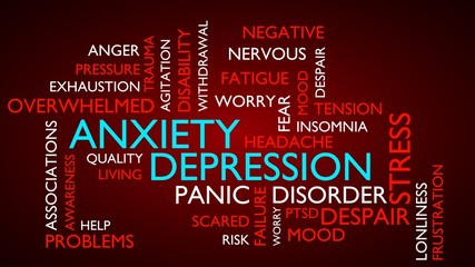 Anxiety, depression, stress, disorder word tag cloud. 3D rendering, red variant.