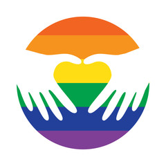 LGBT gay pride logo icon vector. Hands making a heart on circle with rainbow colors.