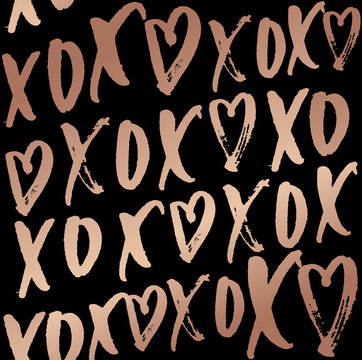 Hugs and kisses seamless pattern with lettering. Rose gold design on elegance black backrouund. Vector design for wedding invitation, wrapping paper, poster,card.