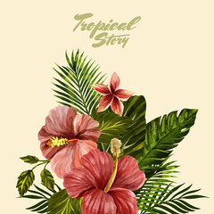 Retro Hawaiian Style Floral Bouquet. Drawing watercolor. Design for invitation, wedding or greeting cards.
