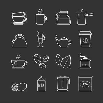 Collection of vector line tea and coffee icons for web, print, mobile apps design