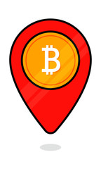 Bitcoin Location Pin. Cryptocurrency sign in Map pin pint. Internet and Digital Money Concept. Icon Vector Illustration