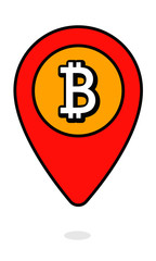 Bitcoin Location Pin. Cryptocurrency sign in Map pin pint. Internet and Digital Money Concept. Icon Vector Illustration