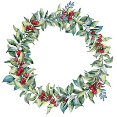 Fototapeta premium Watercolor floral wreath with berries and eucalyptus. Hand painted eucalyptus branches with leaves, red and white berries isolated on white background.