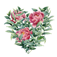 Naklejki  Akwarela kwiatowy serce z piwonią i eukaliptusem. Ręcznie malowane gałęzie eukaliptusa z liści, kwiatów na białym tle. Ilustracja Walentynki.
