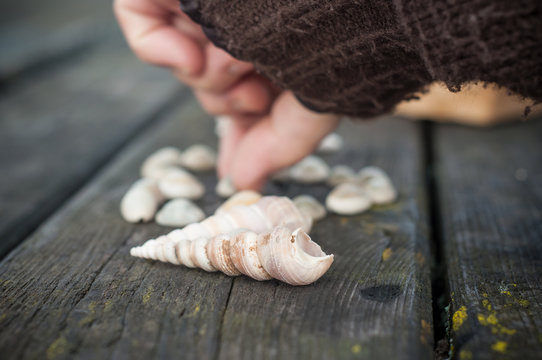 d&eacute;tail main de femme bougeant des coquillages sur une table en bois
