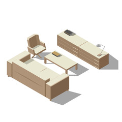 Isometric interior, room of a house, cutaway icon. Business lounge. Couch, table, tv, books. Vector illustration