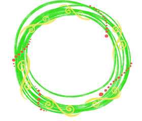 Colorful hand drawn green abstract doodle frame with sparkle colorful garland for greeting card on white background, isolated winter illustration painted by paper pencil chalk, high quality