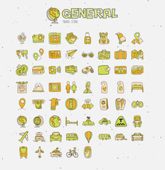 Travel hand draw icons. Icon lined cartoon collection about adventure, outdoor activivies, beach, summer, travelling, get a vacation. Traveling icon set about transport, hotels, resorts, money