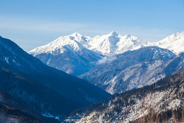 Panoramic view on snow winter mountains. Caucasus Mountains. Svaneti region of Georgia