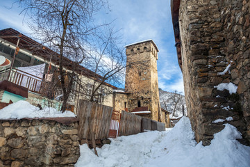Medieval towers in Latali in the Caucasus Mountains, Upper Svaneti, Georgia.