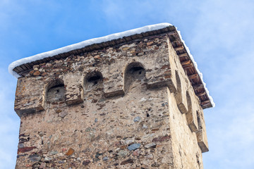 Fototapeta na wymiar Medieval towers in Latali in the Caucasus Mountains, Upper Svaneti, Georgia.
