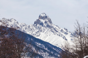 Fototapeta premium Peak of mount Ushba in Caucasus Mountains, Svanetia region in Georgia