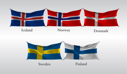Set Flags of European countries. Waving flag of Iceland, Norway,Denmark, Sweden, Finland . Vector illustration