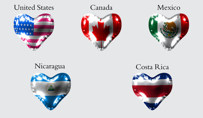 Flags of America countries. The flags of United States, Canada, Mexico, Nicaragua, Costa Rica on an air ball in the form of a heart made of glossy material.