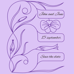 Wedding invitation or card with floral contour pattern.