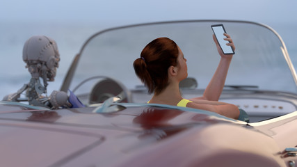Naklejka premium woman and robot drive a car