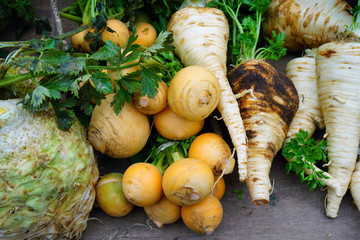 Colorful fresh winter root vegetable at a French farmers market