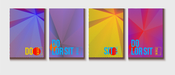 Neon Halftone Covers Set. Trendy Blend Lines Corporate Identity. Futuristic Posters, Geometric Business Backgrounds. Halftone Minimal Presentation Covers. Neon Colored Iridescent Print Design.