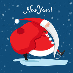 Fototapeta na wymiar Santa Claus is carrying gifts. Blue New Year card. Vector illustration