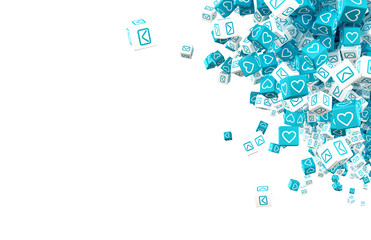 Blue and white falling cubes with icons simulating social networking icons. 3d illustration
