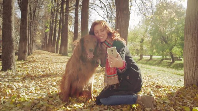 Girl makes selfie with dog setter in autumn park