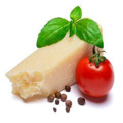 pieces of Parmesan cheese on white background