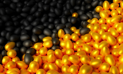 A lot of scattered black and gold eggs. 3d illustration