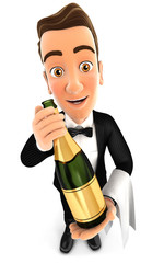 3d waiter holding champagne bottle