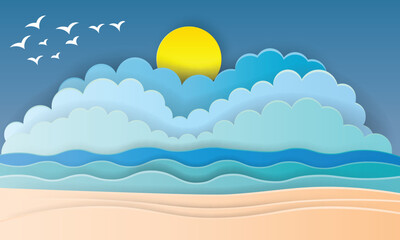 Fototapeta na wymiar Beautiful beach paper art style with frame vector illustration
