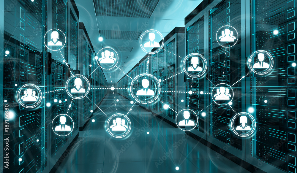 Poster Social network over server room data center 3D rendering