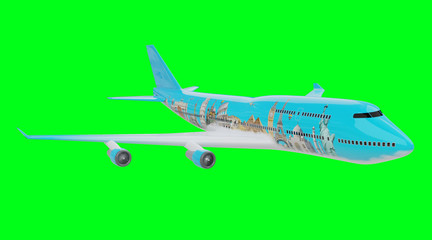 Plane with famous landmarks of the world 3D rendering